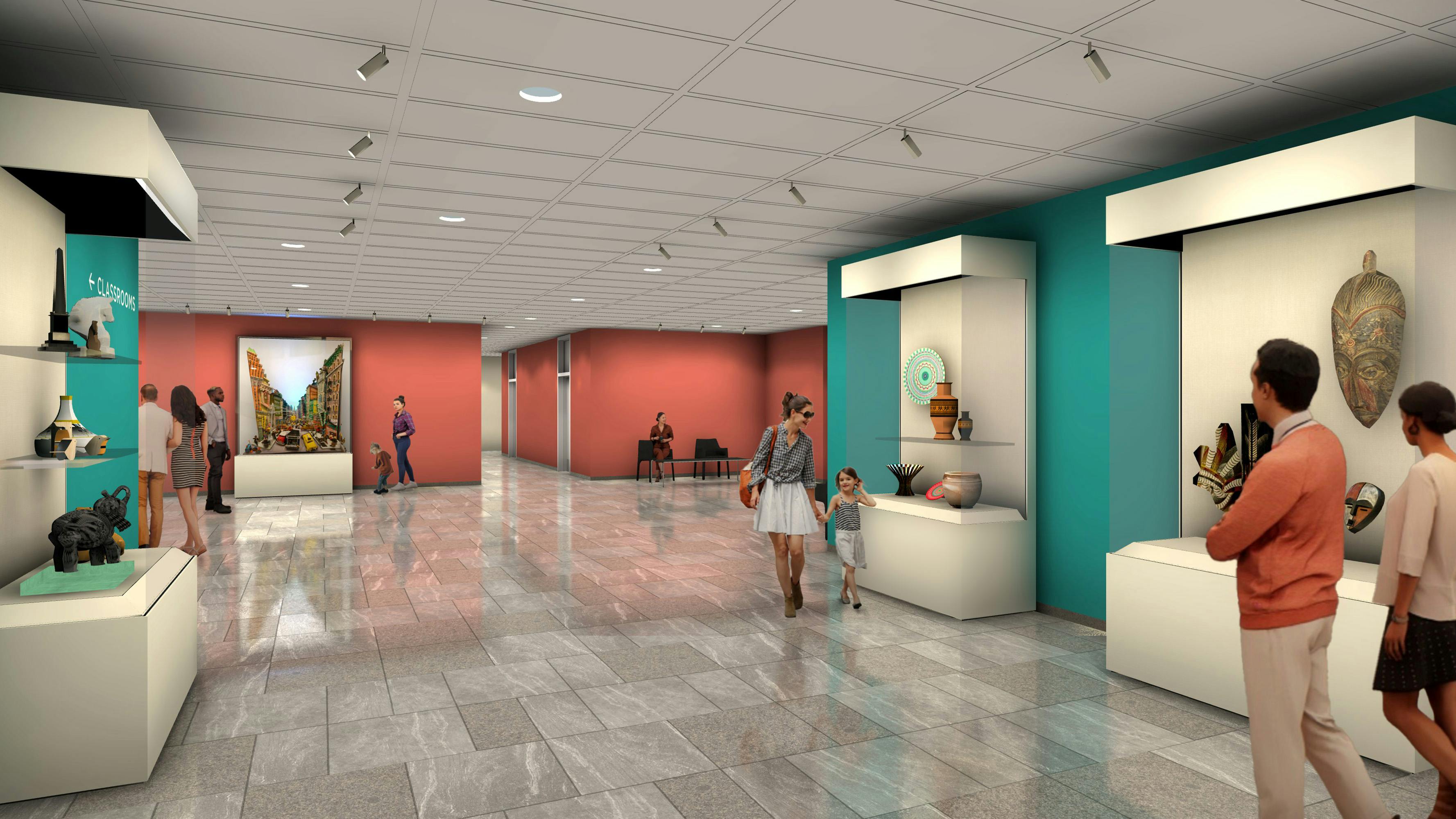 Rendering of the newly renovated lobby with various families enjoying the space