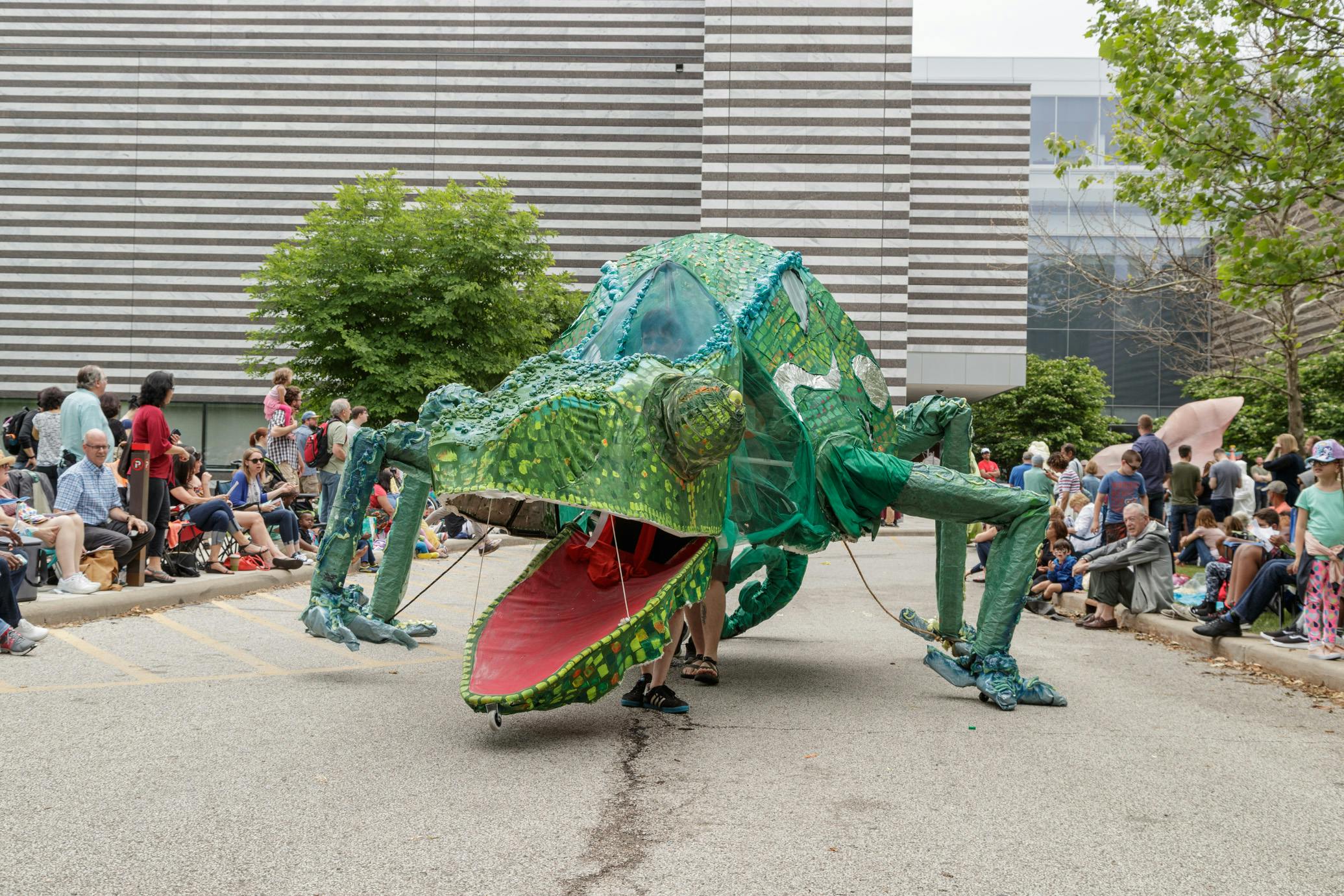 A chameleon parade float